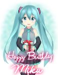  1girl aqua_eyes aqua_hair character_name cowboy_shot detached_sleeves gift happy_birthday hatsune_miku headset long_hair looking_at_viewer necktie open_mouth senifu skirt solo thigh-highs twintails very_long_hair vocaloid 