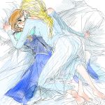  2girls anna_(frozen) bed blonde_hair elsa_(frozen) eye_contact frozen_(disney) incest looking_at_another lying lying_on_person multiple_girls orange_hair saku_(amespi) siblings sisters sketch yuri 