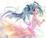  1girl absurdres aqua_hair blue_eyes dress floating_hair hand_on_own_chest hatsune_miku highres long_hair musical_note open_mouth red_string solo string tears twintails very_long_hair vocaloid white_background 