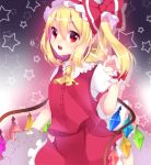  1girl :d blonde_hair flandre_scarlet hat highres looking_at_viewer mob_cap motsuni_(lxxe1120) open_mouth puffy_short_sleeves puffy_sleeves red_skirt red_vest shirt short_sleeves side_ponytail skirt smile star touhou v white_shirt 