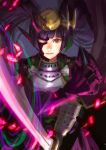  &gt;:| androgynous armor bangs blunt_bangs breastplate claws crack flower headpiece heterochromia japanese_armor japanese_clothes leaf long_hair looking_at_viewer lotus_(elico) petals pointy_ears purple_hair puzzle_&amp;_dragons sode solo twintails upper_body violet_eyes yellow_eyes yomi_(p&amp;d) 