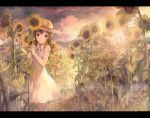  1girl brown_eyes brown_hair dress flower hat long_hair original shouin solo sundress sunflower 