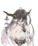 1girl bandaged_arm bangs black_gloves breasts cleavage collarbone crescent danua dress finger_to_mouth fingerless_gloves gloves granblue_fantasy hair_between_eyes highres horn_ornament horns huge_breasts long_hair n9+ pointy_ears purple_hair red_eyes simple_background solo upper_body white_background white_dress 