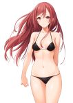  1girl bikini black_bikini breasts f-cla long_hair looking_at_viewer original red_eyes redhead simple_background smile solo swimsuit white_background 