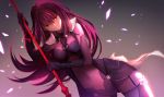  1girl bodysuit fate/grand_order fate_(series) gae_bolg hei_tong_shi highres long_hair polearm purple_hair red_eyes scathach_(fate/grand_order) solo weapon 