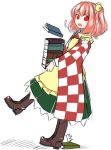  /\/\/\ 1girl bell blush book boots carrying cross-laced_footwear dress falling ganmaganmo hair_bell hair_ornament motoori_kosuzu red_eyes redhead short_hair solo touhou tripping two_side_up 