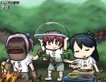  3girls black_hair closed_eyes clothes_writing dated fish hamu_koutarou houshou_(kantai_collection) kantai_collection kaze_no_tani_no_nausicaa kinu_(kantai_collection) knife mittens multiple_girls mutsu_(snail) ohmu pink_hair ponytail red_eyes redhead shiranui_(kantai_collection) short_hair smile translation_request welding_mask 