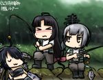  &gt;_&lt; 3girls :3 black_hair blush bow closed_eyes dated fish fishing fishing_rod hair_bow hair_over_one_eye hamu_koutarou kako_(kantai_collection) kantai_collection kasumi_(kantai_collection) light_brown_eyes long_hair low-tied_long_hair multiple_girls nose_blush shouhou_(kantai_collection) silver_hair translation_request trembling vest 