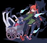  2girls animal_ears black_legwear bow braid cat_ears cat_tail dress extra_ears fang full_body green_dress hair_bow hair_ornament hair_ribbon harrymiao hat highres hitodama jiangshi kaenbyou_rin leg_ribbon legs_up long_hair long_sleeves looking_at_viewer mary_janes miyako_yoshika multiple_girls multiple_tails ofuda open_mouth outstretched_arms profile red_eyes redhead ribbon shirt shoes short_hair short_sleeves skirt smile star tail thigh-highs touhou twin_braids zettai_ryouiki zombie_pose 