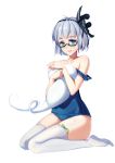  1girl bare_shoulders bespectacled glasses hair_ribbon konpaku_youmu konpaku_youmu_(ghost) off_shoulder ribbon school_swimsuit self_hug silver_hair smile solo soulkiller swimsuit thigh-highs touhou white_legwear zettai_ryouiki 