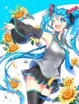  1girl blue_eyes blue_hair detached_sleeves flower hatsune_miku headset highres long_hair necktie one_eye_closed outstretched_arm skirt solanikieru solo thigh-highs twintails very_long_hair vocaloid 