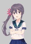  1girl akebono_(kantai_collection) aumcry bell collarbone commentary_request cowboy_shot crossed_arms fang flower grey_background hair_bell hair_flower hair_ornament jingle_bell kantai_collection long_hair open_mouth school_uniform serafuku side_ponytail simple_background solo 