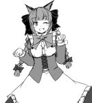  1girl ;d animal_ears bow braid breasts cat_ears dirndl dress fang ganmaganmo german_clothes hair_bow kaenbyou_rin looking_at_viewer monochrome one_eye_closed open_mouth paw_pose slit_pupils smile solo touhou twin_braids 