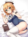  1girl blonde_hair book glasses green_eyes hat highres i-8_(kantai_collection) kantai_collection long_hair lying open_mouth school_swimsuit solo suna_(transports) swimsuit twintails 