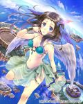  1girl :o bikini_top blush bracelet breasts brown_hair cleavage clouds company_name feathered_wings feathers floating_island flying hair_feathers hanekoto jewelry leg_up navel o-ring_top sarong sky solo wings 