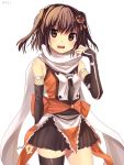  1girl brown_eyes brown_hair cowboy_shot elbow_gloves fingerless_gloves gloves hair_ornament hakusai_ponzu kantai_collection necktie open_mouth pleated_skirt remodel_(kantai_collection) scarf sendai_(kantai_collection) single_thighhigh skirt thigh-highs two_side_up white_background 