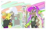  1boy 1girl backpack bag baseball_cap bike_shorts blonde_hair dark_skin domino_mask glasses hand_on_hip hand_over_face hat inkling mask official_art over_shoulder paint_roller pink_hair pointy_ears ponytail seattle sidelocks skyline smile space_needle splatoon t-shirt tentacle_hair weapon weapon_over_shoulder 