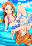  2girls ball beachball bikini blue_eyes brown_eyes brown_hair idolmaster jabara921 long_hair minase_iori multiple_girls rabbit stuffed_animal stuffed_bunny stuffed_toy swimsuit takatsuki_yayoi twintails v wading_pool water water_balloon 