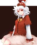  1girl albino arano_oki arm_support black_background hair_bobbles hair_ornament hat kawashiro_mitori layered_dress light_smile lock long_sleeves looking_at_viewer original red_eyes road_sign short_hair sign simple_background sitting solo tassel touhou twintails white_hair 