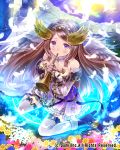  1girl blush boots breasts brown_hair chain company_name feathered_wings feathers flower hairband hanekoto head_wings instrument long_hair pillar sitting solo thigh-highs violet_eyes wariza wings 