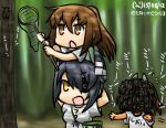  3girls brown_eyes brown_hair butterfly_net cicada clothes_writing dated eyepatch fumizuki_(kantai_collection) hamu_koutarou hand_net headgear i-401_(kantai_collection) kantai_collection multiple_girls ponytail purple_hair tenryuu_(kantai_collection) translation_request yellow_eyes 