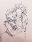  2girls a-ka anna_(frozen) closed_eyes elsa_(frozen) frozen_(disney) happy hug laughing monochrome multiple_girls siblings sisters smile 