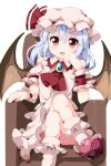  1girl bat_wings blue_hair bobby_socks brooch chair cravat crossed_legs elbow_rest hat hat_ribbon head_rest jewelry looking_at_viewer mary_janes mob_cap open_mouth rakugakiyarou red_eyes remilia_scarlet ribbon shoes short_hair simple_background skirt skirt_set socks solo touhou white_background wings wrist_cuffs 