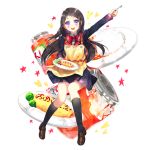  1girl apron black_hair charlotte_(anime) food highres jar long_hair meiko_(puua) omelet omurice otosaka_ayumi pizza_sauce school_uniform spoon violet_eyes 