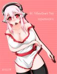  1girl apron bare_shoulders blush breasts chocolate chocolate_heart cleavage headphones heart ion_(artist) large_breasts long_hair looking_at_viewer mouth_hold naked_apron nitroplus off_shoulder pink_hair red_eyes smile solo strap_slip super_sonico thigh-highs valentine 