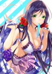  1girl akishima_kei bikini breasts flower green_eyes hair_flower hair_ornament long_hair love_live!_school_idol_project mouth_hold purple_hair smile solo swimsuit toujou_nozomi twintails 