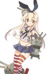  1girl blonde_hair elbow_gloves gloves hair_ribbon kantai_collection long_hair miniskirt navel orion_(orionproject) pleated_skirt rensouhou-chan ribbon sailor_collar shimakaze_(kantai_collection) simple_background skirt solo striped striped_legwear thigh-highs thong white_background white_gloves 