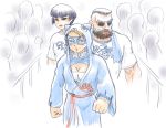  1boy 2girls animal_hood black_hair blonde_hair blue_eyes breasts cleavage cleavage_cutout clenched_hands crowd eyebrows hood mochi-iri_kinchaku mohawk multiple_girls rainbow_mika robe shaded_face solo_focus street_fighter street_fighter_v t-shirt thick_eyebrows towel towel_around_neck wrestling_mask yamato_nadeshiko_(street_fighter) zangief 