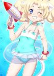  1girl animal_ears bell blonde_hair blue_eyes blush cat_ears covered_navel earrings eyelashes flat_chest grin innertube jewelpet_(series) jewelpet_twinkle jewelry jingle_bell jingle_bell_earrings looking_at_viewer miria_marigold_mackenzie nami_makoto off_shoulder one-piece_swimsuit one_eye_closed parted_lips short_twintails smile solo standing swimsuit twintails water_gun 