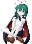  1girl antennae butterfly_sitting cape green_eyes green_hair hands_together leg_hold loafers looking_at_viewer over-kneehighs rakugakiyarou shoes short_hair short_sleeves shorts simple_background solo thigh-highs touhou v_arms white_background white_legwear wriggle_nightbug 