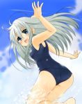  1girl ahoge armpits ass barefoot blue_eyes blush from_behind long_hair looking_back open_mouth original outstretched_arms running school_swimsuit silver_hair smile solo splashing swimsuit toichi water waving 