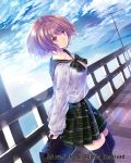  1girl bag bow brown_eyes brown_hair clouds cloudy_sky company_name expressionless from_side hanekoto lamppost plaid plaid_skirt pleated_skirt railing school_briefcase school_uniform serafuku skirt sky solo striped striped_bow thigh-highs zettai_ryouiki 