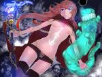  1girl body_writing breasts brown_hair cape empty_eyes highres jewelry long_hair pixiv_fantasia pixiv_fantasia_t solo staff stregoicavar under_boob 