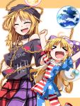  &gt;_&lt; 2girls :d ^_^ american_flag_dress american_flag_legwear american_flag_shirt arms_up bare_shoulders blonde_hair blush blush_stickers chain closed_eyes clownpiece collar commentary_request earth fang hand_on_another&#039;s_head hat hecatia_lapislazuli hemogurobin_a1c jester_cap jumping long_hair moon multiple_girls off-shoulder_shirt off_shoulder open_mouth pantyhose petting print_dress shirt skirt smile touhou very_long_hair xd 