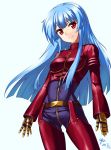  1girl blue_hair bodysuit king_of_fighters kula_diamond long_hair nishiumi_yuuta red_eyes solo 