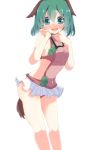  1girl adapted_costume animal_ears aoi_(annbi) bare_legs blush breasts cutout dog_ears dog_tail full-face_blush green_eyes green_hair hands_on_own_face highres kasodani_kyouko looking_at_viewer microskirt revealing_clothes short_hair side_cutout sideboob skirt solo sweat tail touhou wavy_mouth 