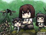 3girls :3 airplane beret black_hair brown_eyes brown_hair choukai_(kantai_collection) crossed_arms dated drooling fish fishing_net glasses hamu_koutarou hat hyuuga_(kantai_collection) indian_style kantai_collection long_hair multiple_girls short_hair sitting sparkle tokitsukaze_(kantai_collection) translation_request 