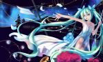  1girl :d absurdres aqua_eyes aqua_hair artist_name bouquet butterfly_hair_ornament cat dress flower hair_ornament hatsune_miku highres k.syo.e+ night night_sky open_mouth paper_airplane paws pole sky sleeveless smile solo twintails vocaloid white_dress 