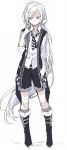  1boy ahoge boots checkered expressionless hijiri_(resetter) long_hair looking_away necktie original ponytail shorts sketch socks solo very_long_hair vest white_background white_eyes white_hair 