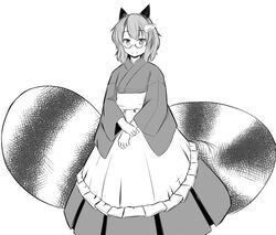  1girl animal_ears futatsuiwa_mamizou ganmaganmo glasses japanese_clothes kimono leaf leaf_on_head looking_at_viewer motoori_kosuzu_(cosplay) raccoon_ears raccoon_tail short_hair slit_pupils smile solo tail touhou 