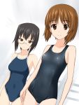  2girls black_eyes black_hair brown_eyes brown_hair competition_school_swimsuit girls_und_panzer glasses highres kawashima_momo multiple_girls new_school_swimsuit nishizumi_miho school_swimsuit short_hair standing swimsuit takafumi 