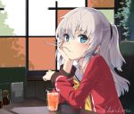  1girl blue_eyes blush charlotte_(anime) cup drink drinking_straw long_hair looking_at_viewer max_melon_teitoku mouth_hold school_uniform serafuku silver_hair sitting solo tomori_nao twintails two_side_up 