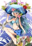  1girl barefoot bird blue_eyes blue_hair cure_mermaid go!_princess_precure hat highres kaidou_minami long_hair precure smile solo sun_hat yuutarou_(fukiiincho) 