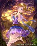  1girl ass back blush brown_hair clouds cloudy_sky company_name detached_sleeves from_behind gem hanekoto key leg_up looking_to_the_side open_mouth purple_clothes sandals short_hair sky solo staff standing transparent_skirt tree twilight vines violet_eyes 