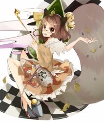  1girl animal_ears bell brown_eyes brown_hair checkered coin futatsuiwa_mamizou glasses gourd hat highres kiseru leaf open_mouth pince-nez pipe raccoon_ears raccoon_tail sandals smile smoke tail touhou zhu_xiang 