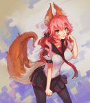  1girl animal_ears black_legwear brown_eyes caster_(fate/extra) doomfest fate/extra fate_(series) fox_ears fox_tail highres long_hair looking_at_viewer pink_hair pleated_skirt school_uniform serara skirt smile solo tail 
